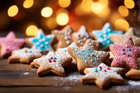 A detailed shot of Christmas cookies on a wooden table, featuring star-shaped cookies with colorful