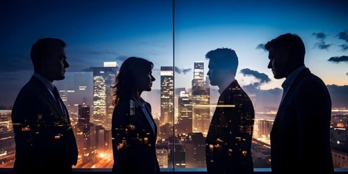 AI generated profile of business professionals with a double exposure of city lights, representing