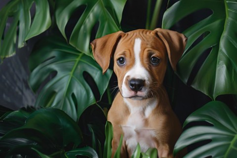 Dog puppy sitting between tropical houseplants. KI generiert, generiert, AI generated