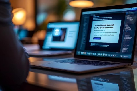 AI generated phishing email on an open laptop screen with cybersecurity warning popup blocking