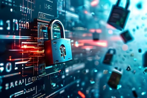 AI generated cyber attack on a bank depicted through a metaphor of shattered locks
