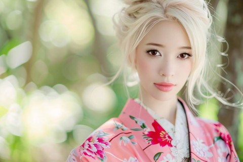 Beautiful young woman with pink kimono with blurry trees in background. KI generiert, generiert, AI