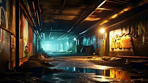 Abandoned underground bunker suggesting illegal nuclear waste, AI generated