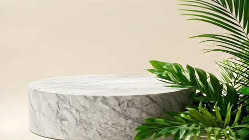 Marble stone podium stage with some green leaves for cosmetic beauty presentation, AI generated