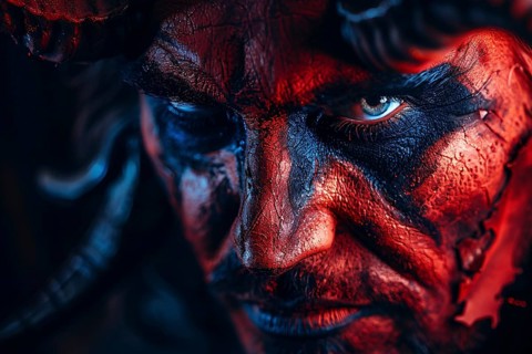 Close up of man with evil red devil Halloween makeup costume. Generative AI, AI generated