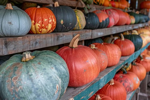 Many colorful muscade pumpkins on wooden racks at market. Generative Ai, AI generated