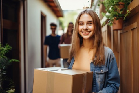 Young woman with cardboard box moving houses. KI generiert, generiert, AI generated