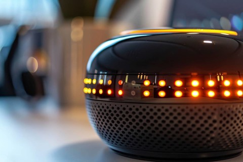 Close up of black artificial intelligence home assistant device. Generative Ai, AI generated