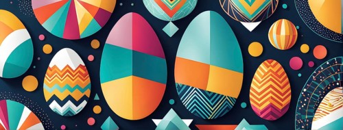 Abstract Easter egg design with geometric patterns, bold colors, and a mix of textures, creating a
