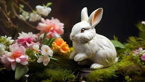 Vintage porcelain rabbit figurine surrounded by small, colorful spring flowers and soft moss, AI