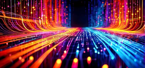 Abstract data stream flowing like liquid light, with sharp lines of code and binary numbers