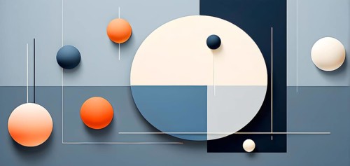 Minimalist composition of overlapping geometric shapes, such as circles, squares, and triangles,