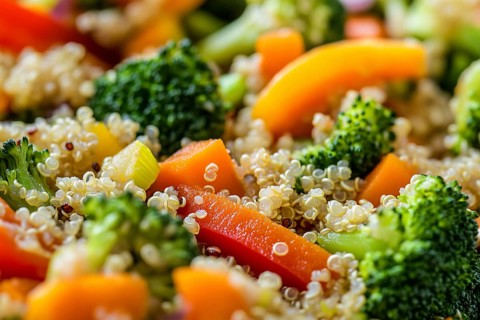 Close up of healthy vegan meal with quinoa and vegetables. Generative Ai, AI generated