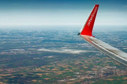 Aerial photo, view from Boeing 737 Air Berlin, right wing, behind Munich Airport, Bavaria, Germany,