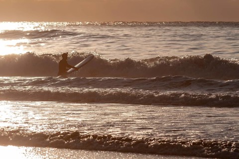 Surfer in the surf at Unnstad beach, winter surfing, Lofoten Island Vestvågøya Lofoten, Northern