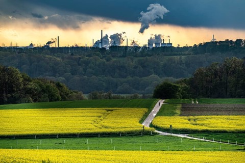 View over Mülheim an der Ruhr, Ickten, rape fields, over the Ruhr heights, to Duisburg-Hüttenheim,