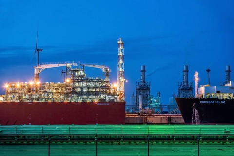 EemsEnergyTerminal, floating LNG terminal in the seaport of Eemshaven, tankers bring liquefied