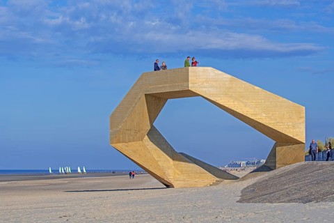 Westerpunt, concrete sculpture on beach along the North Sea coast at seaside resort De Panne,
