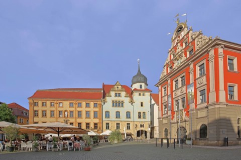 Restaurant Ratskeller with onion dome and old town hall, Renaissance, historic, historical, red,