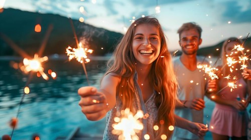 Young adults having fun with sparklers at the lake. generative AI, AI generated
