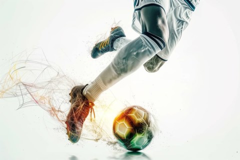 A soccer player dribbles and kicks a ball on a field double exposure style, AI generated