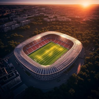 Aerial bird eye top view of a soccer football field stadium on sunset, AI generated