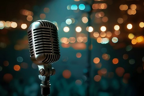 Microphone on a microphone stand with a blurry coloful background, AI generated