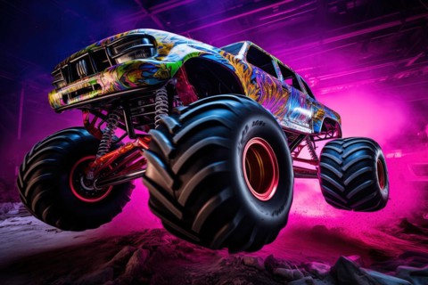 Monster truck with neon lighting, jumping off-road in cloud of dust. Excitement and thrill of an
