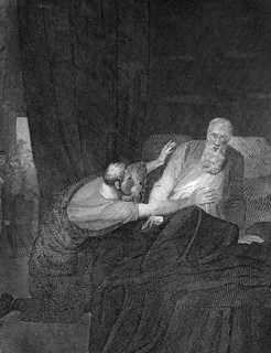 Blind Isaac notices Jacob's deception, Second Book of Moses, chapter 27, room, bed, pleading, Old