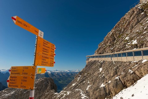 Information boards on the hiking trails, view of the Appenzell Alps from the Alpine peak of Säntis,