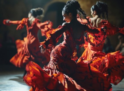 Passionate spanish gypsy national culture dance flamenco performed by a female dancer, AI generated
