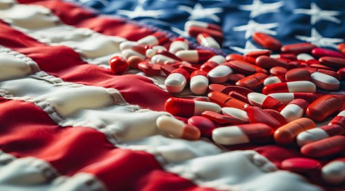 Painkiller epidemic in the US, tablets, needles and syringes lying on American flag, AI generated