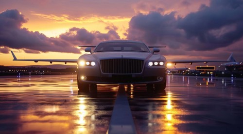 Successful businessman car in front of private airplane ready for luxury business corporate travel,