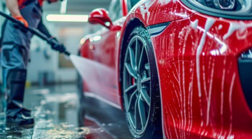 Carwash detailing, polishing and cleaning in automotive service maintenance station, AI generated