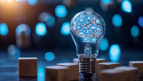 Concept of bright business idea, success and innovation. Inspiration and innovation concept, AI