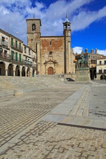Iglesia de San Martin church and Pizarro statue in historic medieval town of Trujillo, Caceres