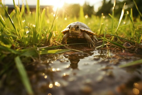 A cute little turtle crawls in grass, illuminated by the golden rays of the setting sun, AI