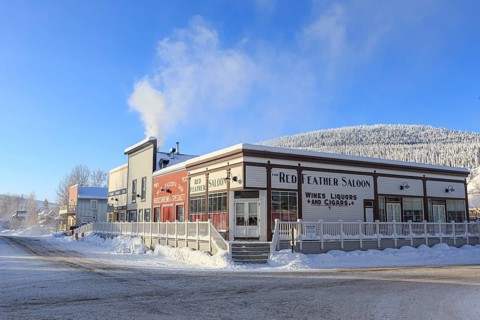 Historic building, pub, saloon, snow, winter, cold, sunny, Dawson City, Yukon, Canada, North