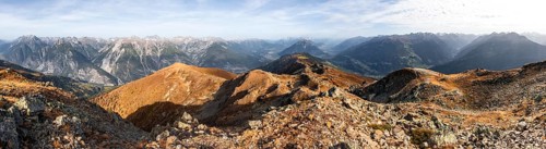 Panorama, mountain panorama at Kreuzjoch summit, view of Tschirgant summit and the Oberinntal