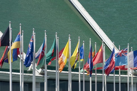 Many flags in front of the United Nations Conference Centre, Bangkok, Thailand, Asia