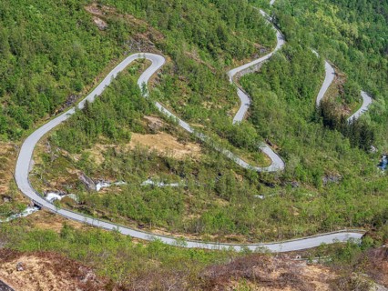 Serpentines of the Gaularfjell mountain crossing, national tourist route north of Balestrand,