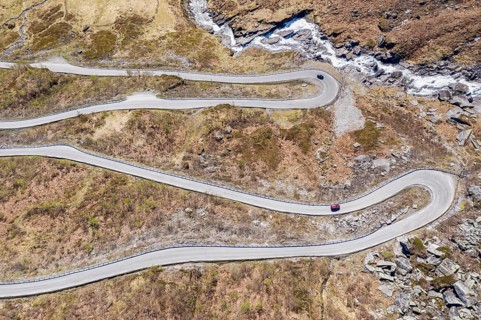Aerial view of mountain pass road over the Vikafjell, between Hardanger and the Sognefjord,