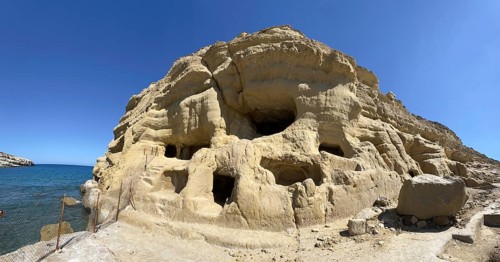 Panoramic view of former Roman necropolis with sandstone caves carved into sandstone Cave tombs