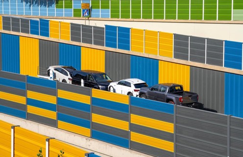 Colourful noise barriers on the A52 motorway, at the Essen-Rüttenscheid junction, the noise