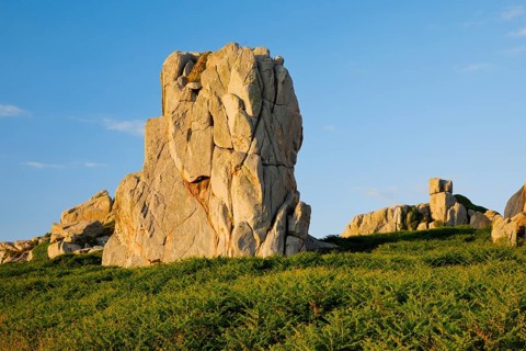 Large boulders in the evening light surrounded by ferns on the Pink Granite Coast in Brittany, Pors