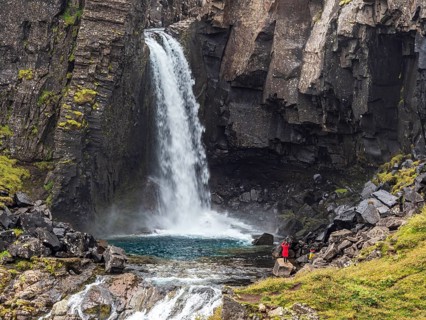 Waterfall Folaldafoss, at Öxi Mountain Road 939, tourists, East Fjords, Iceland, Europe