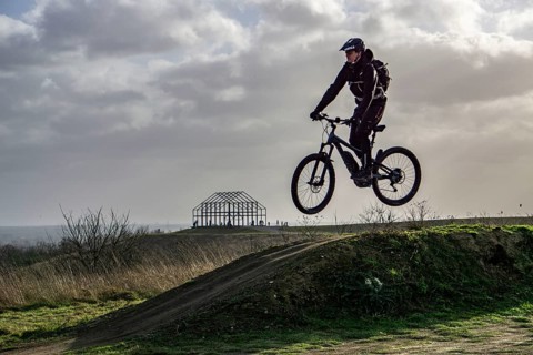 Mountain bike trail with jumps, downhill trail, on the Norddeutschland spoil tip in