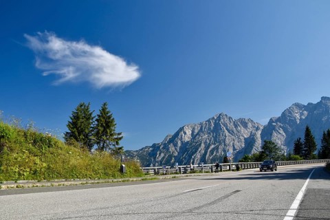 Tourists on the Rossfeld panoramic road near Berchtesgaden with the Hoher Göll, Bavaria, Germany,