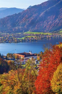 Panorama of the village and lake with the monastery castle in autumn, Tegernsee, Tegernsee,