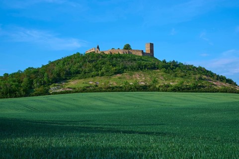 A castle ruin on a wooded hill under a blue sky with clouds, Gleichen Castle or Wanderslebener